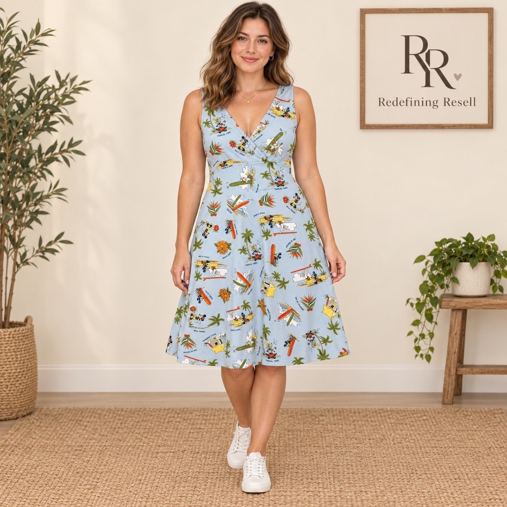 Disney Shopping Mickey Minnie Hawaiian Tropical Blue Sun Dress Womens M 57622